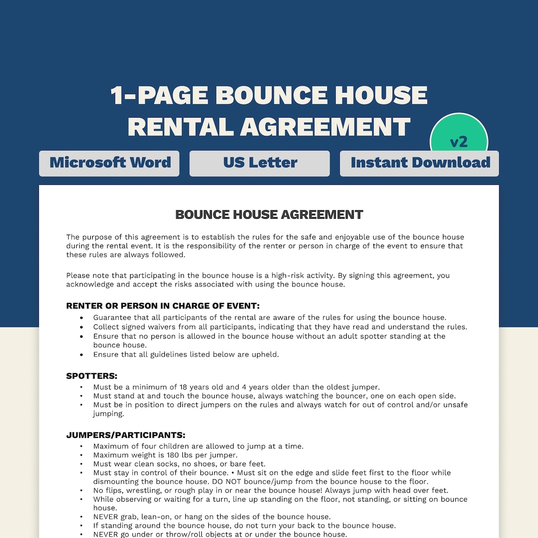 1 Page Bounce House Rental Agreement Editable Printable Letter 