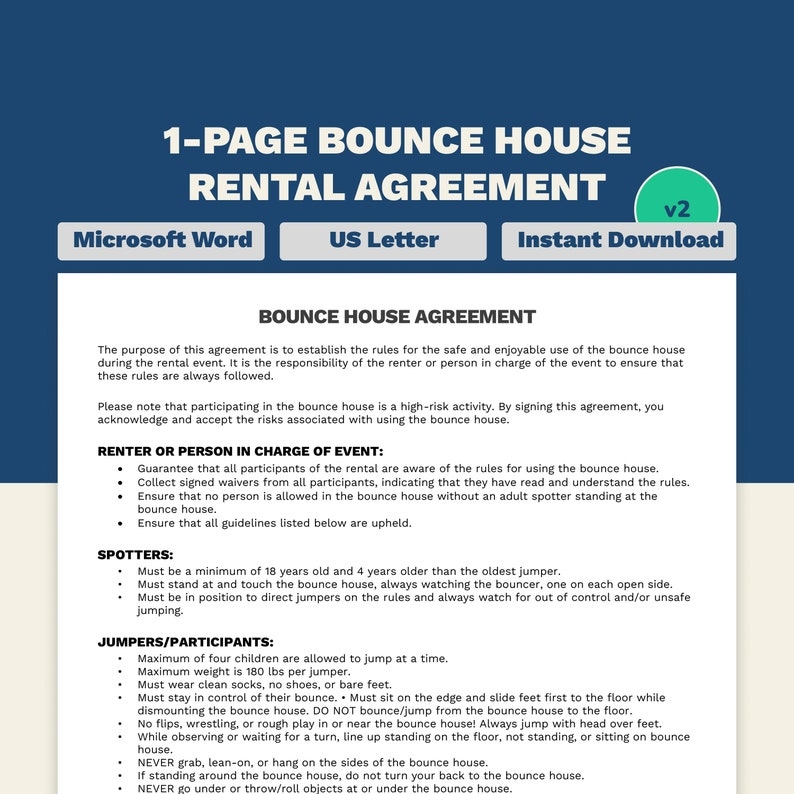 1 Page Bounce House Rental Agreement Editable Printable Letter 