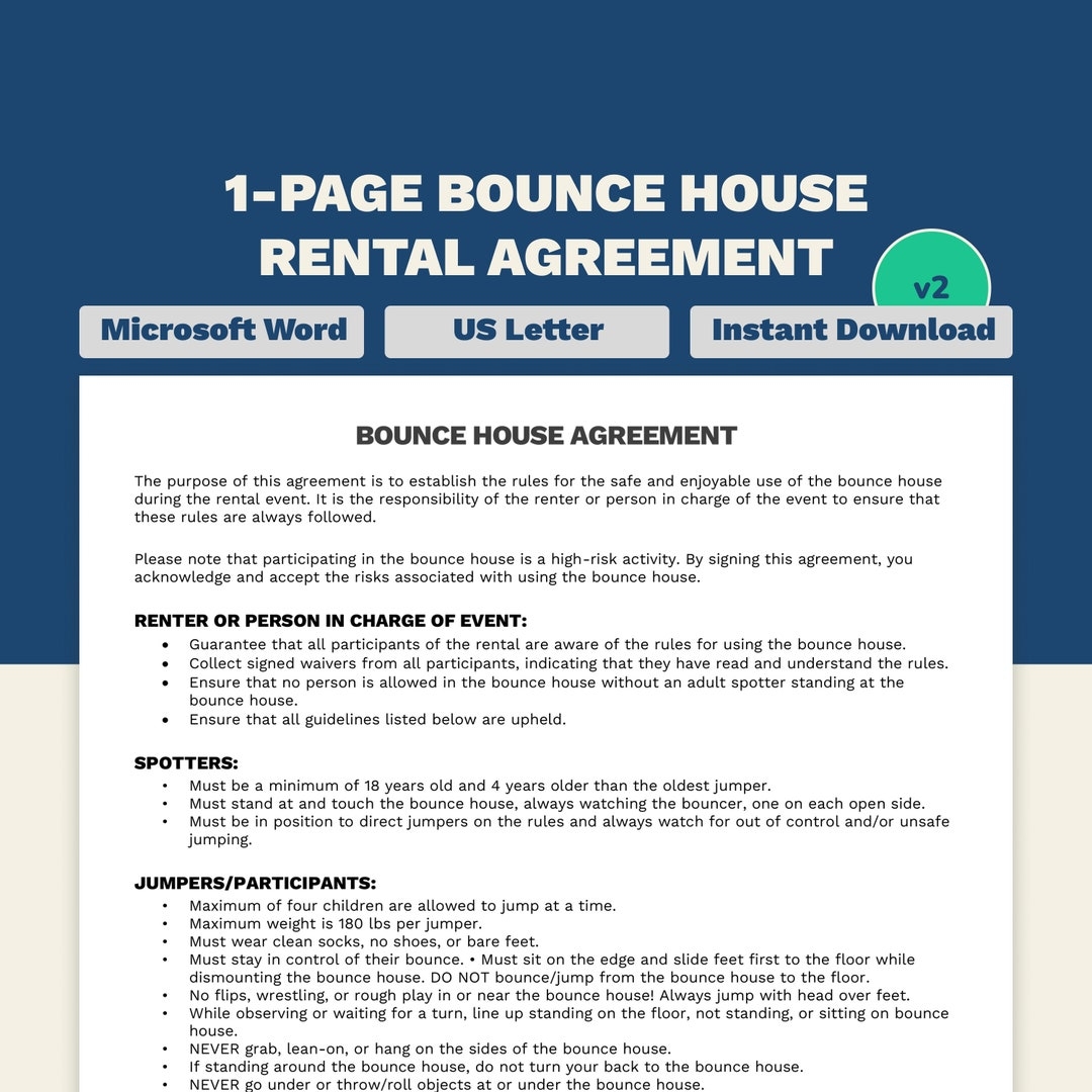 1 Page Bounce House Rental Agreement Editable Printable Letter 