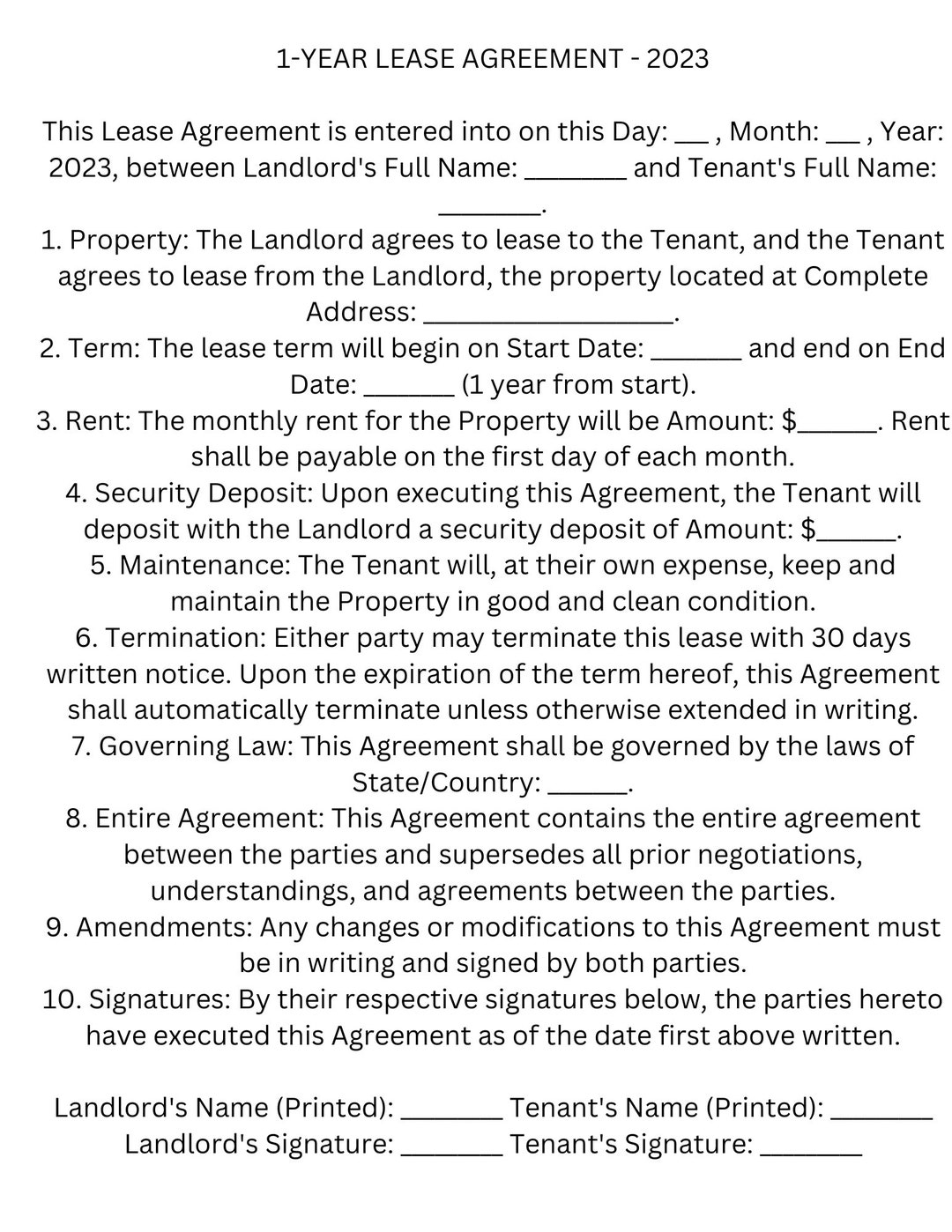1 year Lease Agreement Template Editable Pdf Etsy