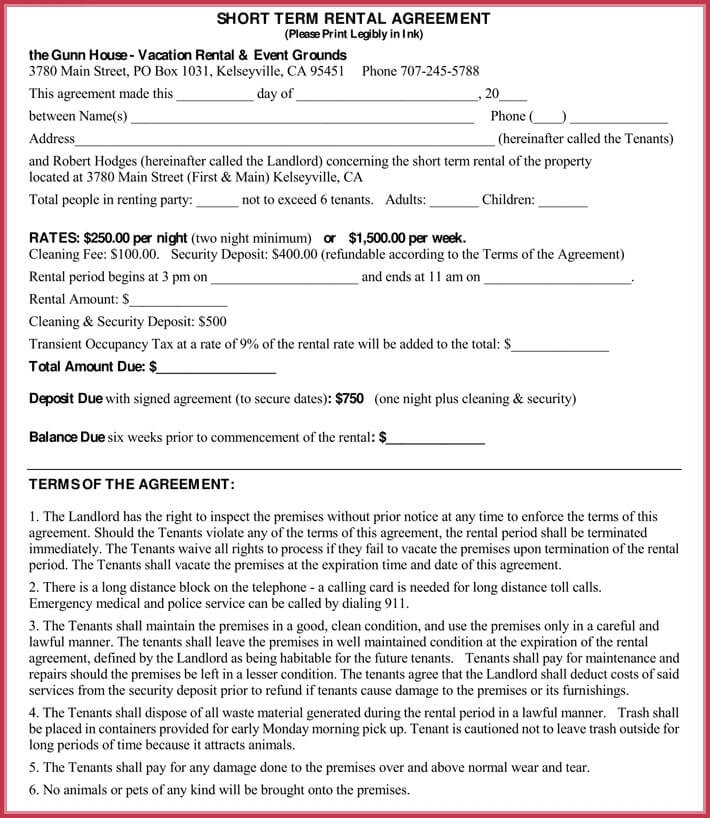 10 Free Short Term Rental Lease Agreement Templates