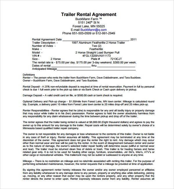 11 Trailer Rental Agreement Templates PDF Sample Templates