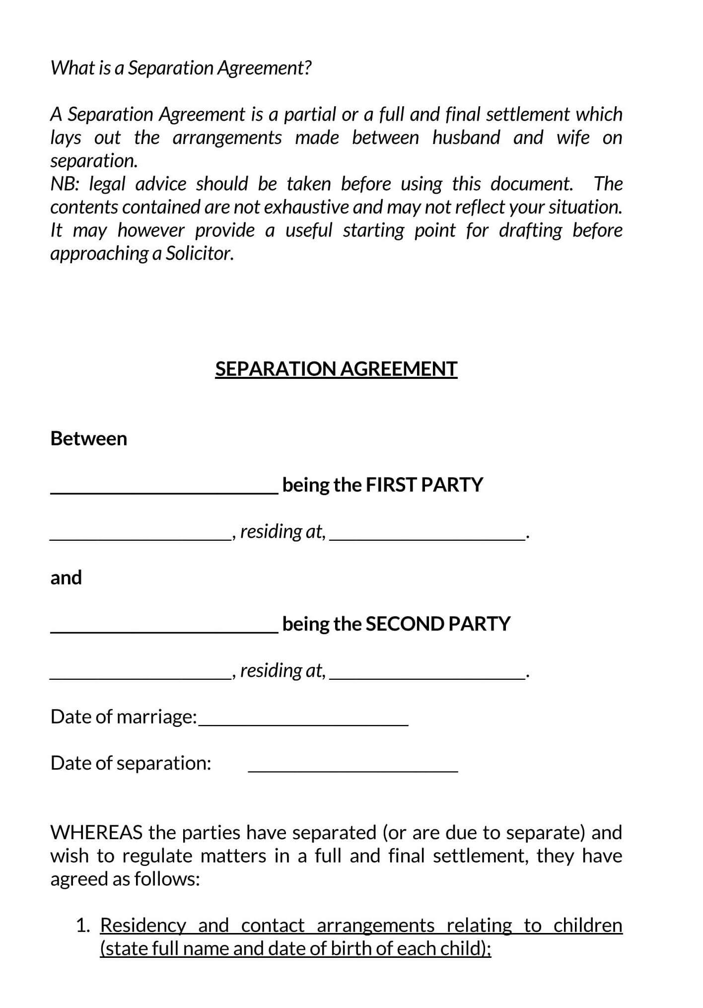 38 Free Separation Agreement Templates Word PDF 