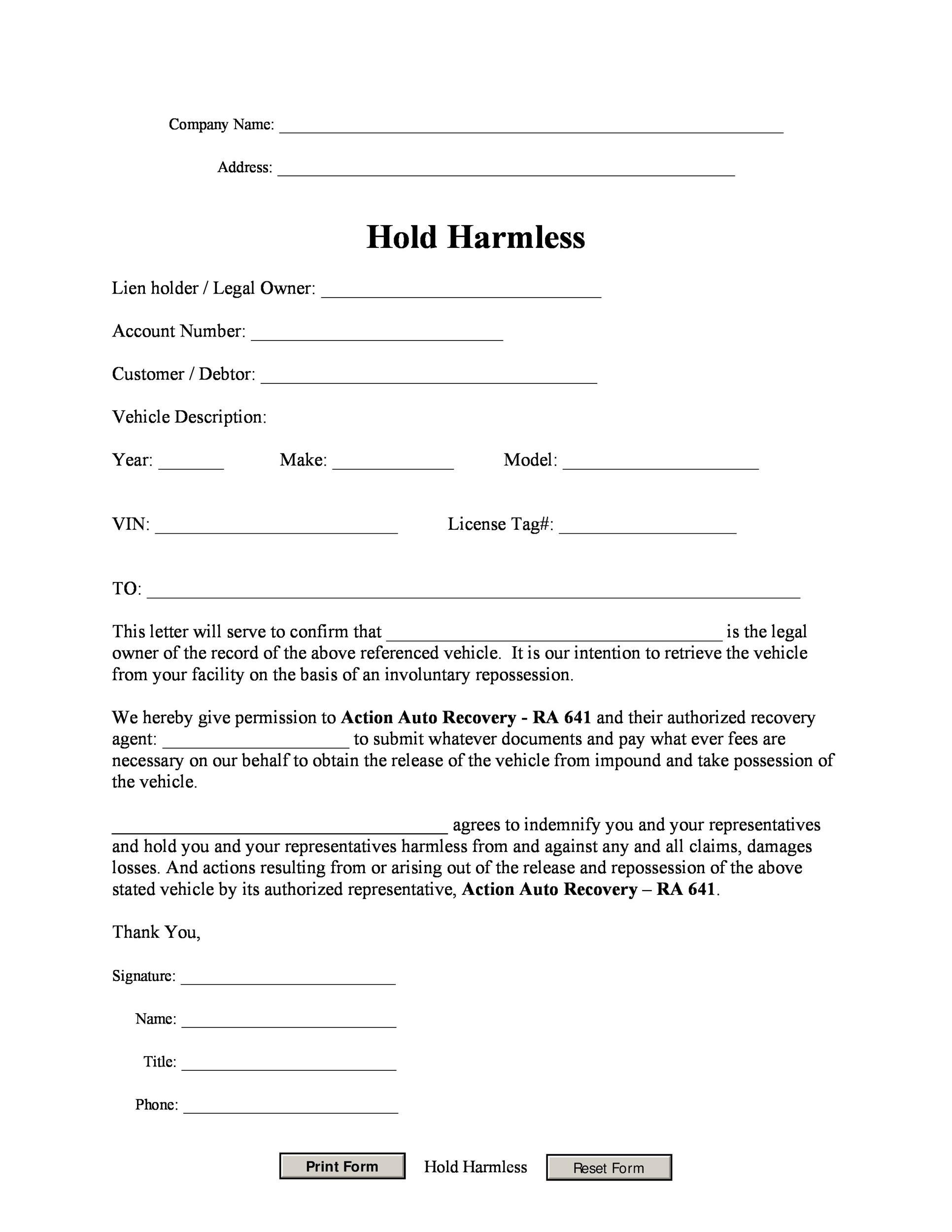 40 Hold Harmless Agreement Templates Free Template Lab