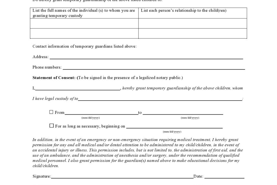 40 Printable Temporary Guardianship Forms All States