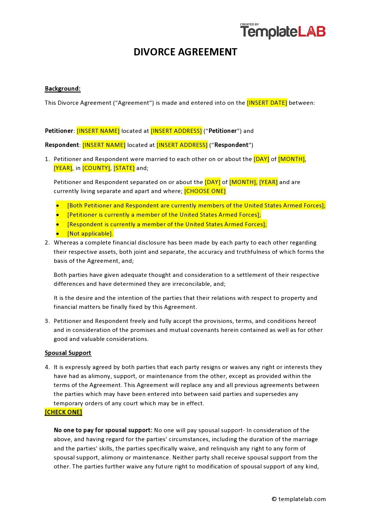 42 Printable Divorce Agreement Templates Word Worksheets Library