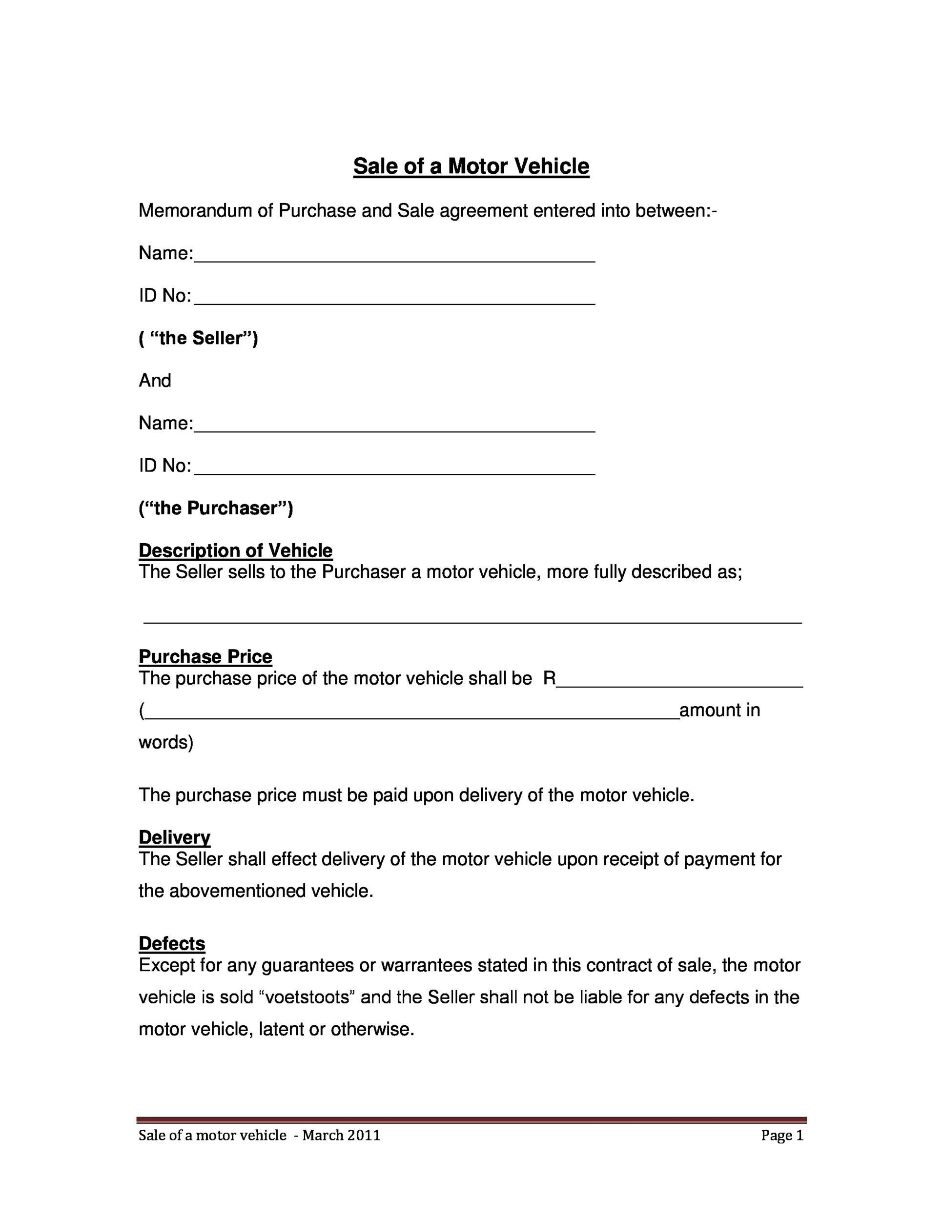 42 Printable Vehicle Purchase Agreement Templates Word PDF 