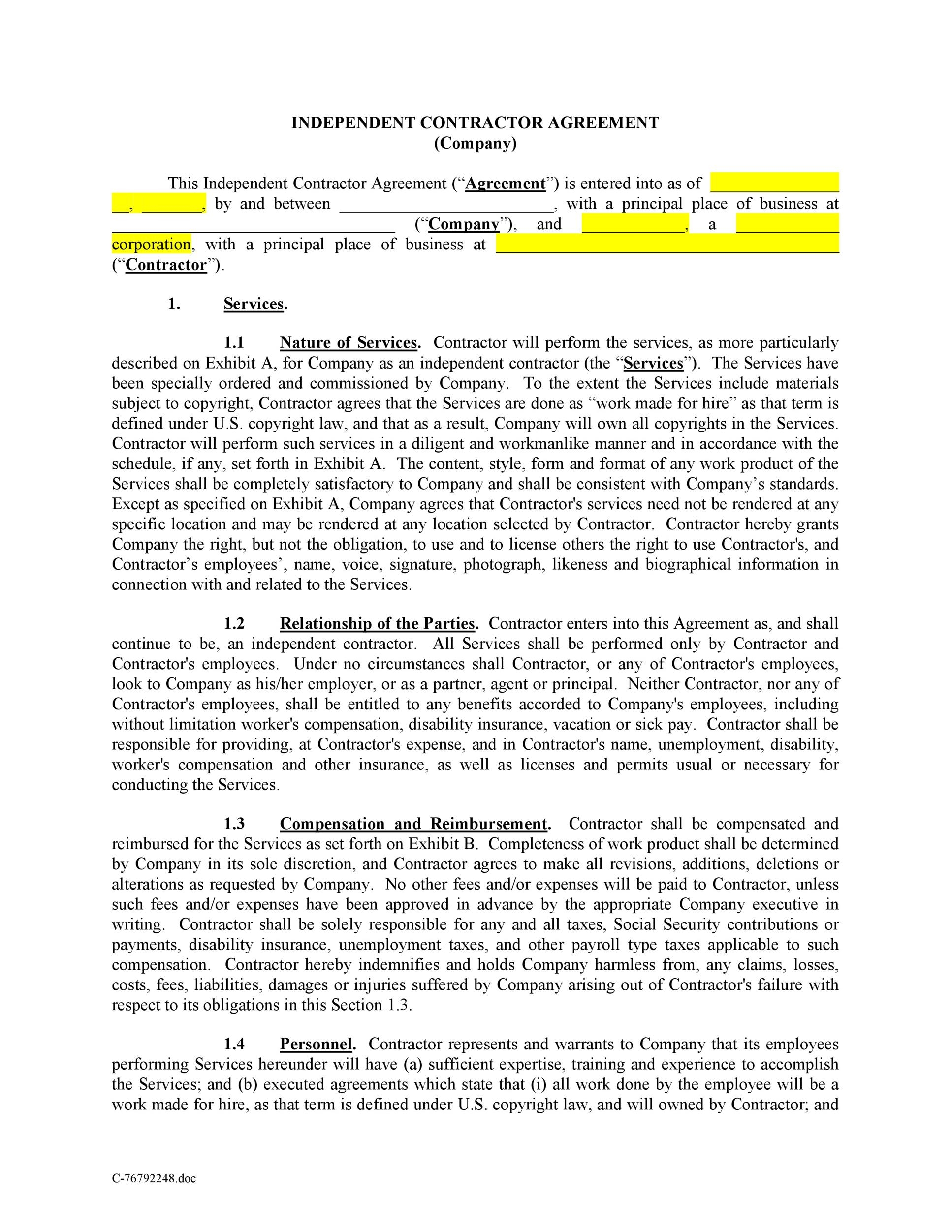 50 FREE Independent Contractor Agreement Forms Templates