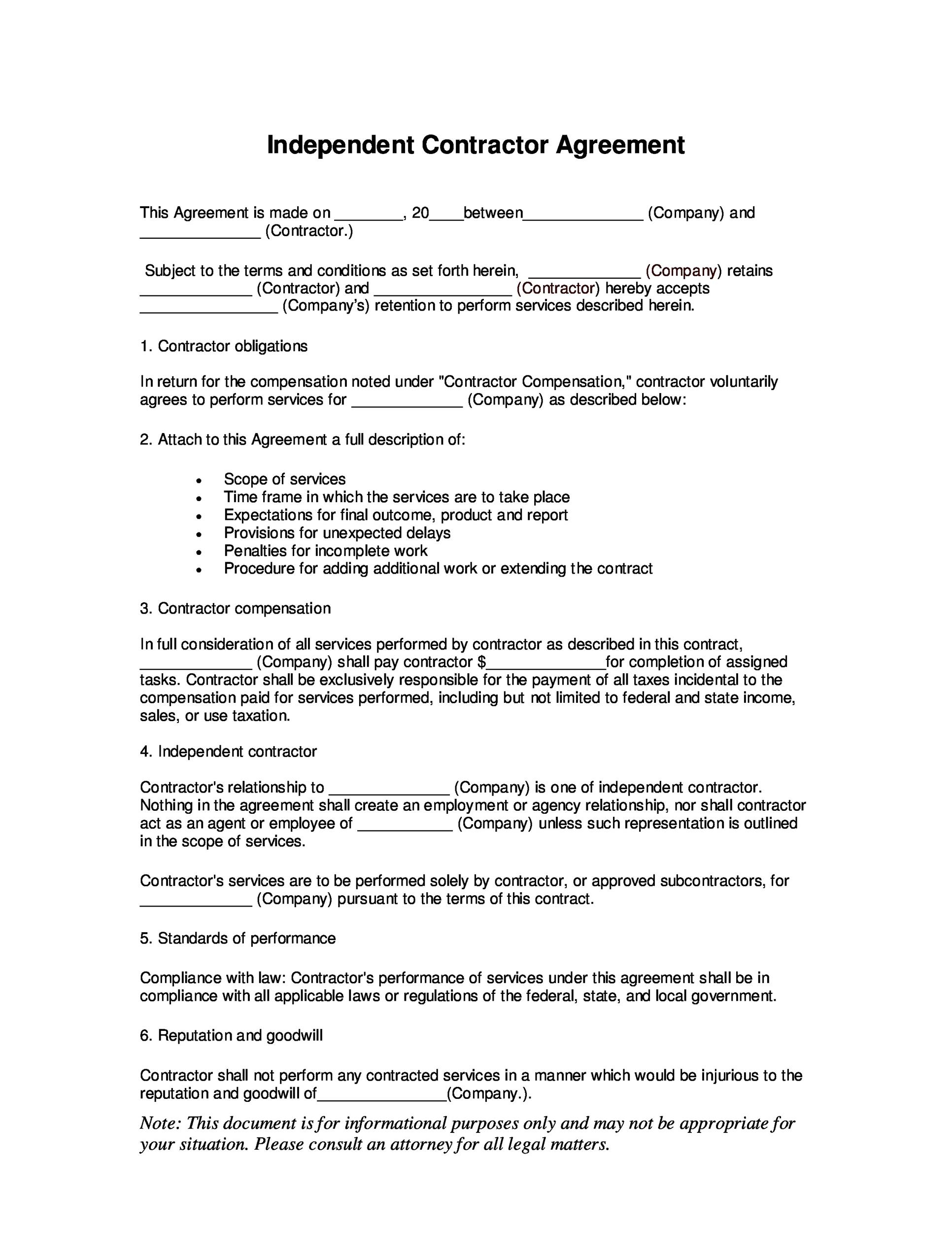 50 FREE Independent Contractor Agreement Forms Templates