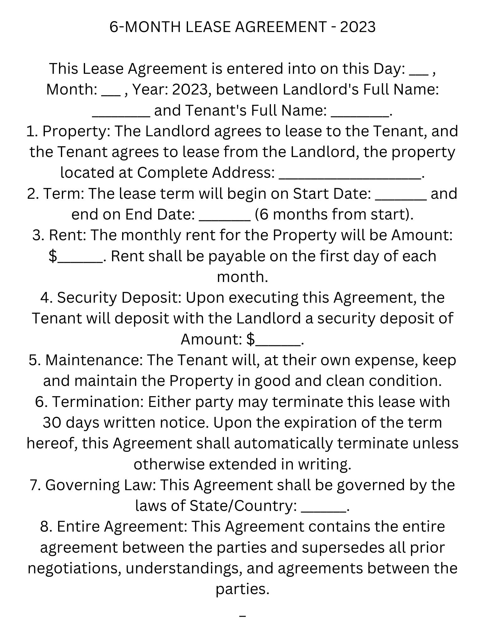 6 month Lease Agreement Template Digital Download PDF Etsy