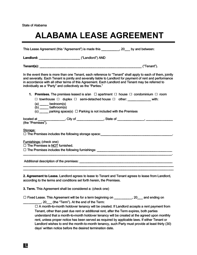 Alabama Residential Lease Rental Agreement Form Sample Free PDF