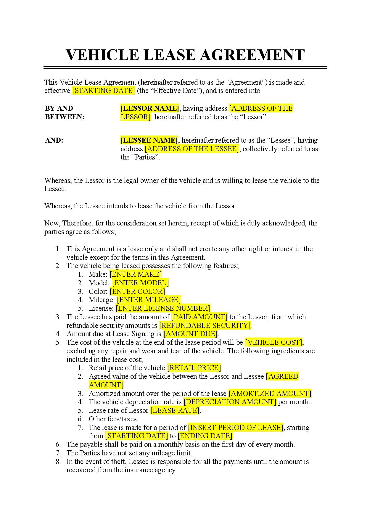 Auto Lease Agreement Template