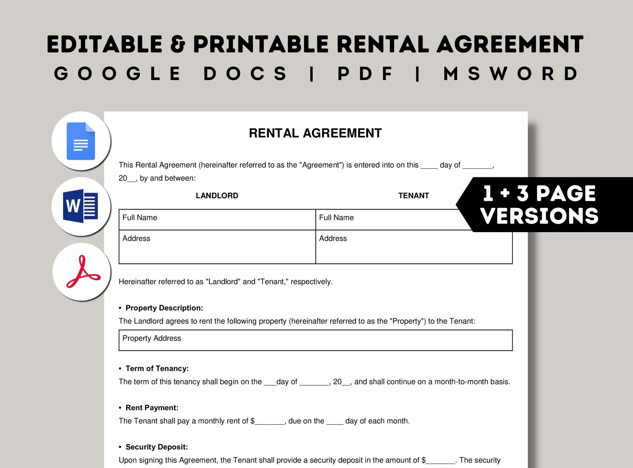 Basic Rental Agreement Template Printable Landlord Forms Editable Lease Contract Google Docs Word PDF Simple Rental Agreement Fillable Etsy
