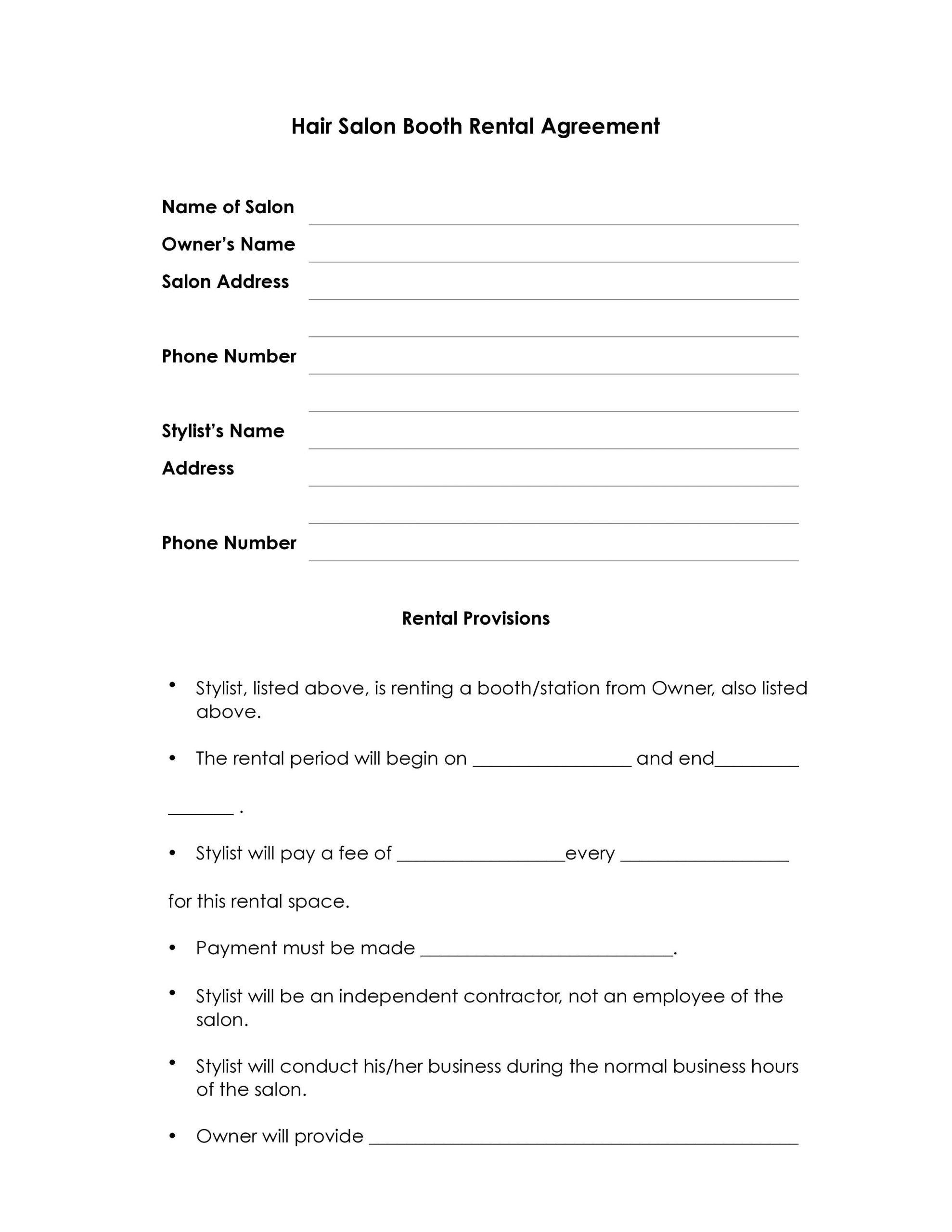 Beauty Salon Booth Rental Agreement Template