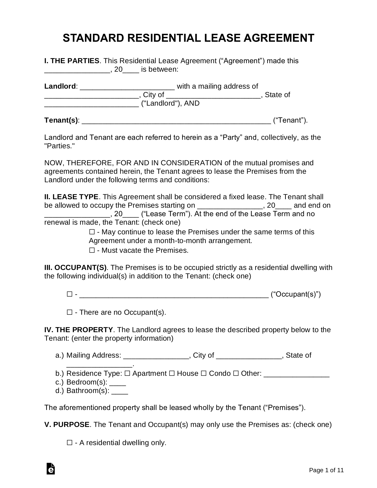 Blank Lease Agreement Free Printable FREE Printable A Z
