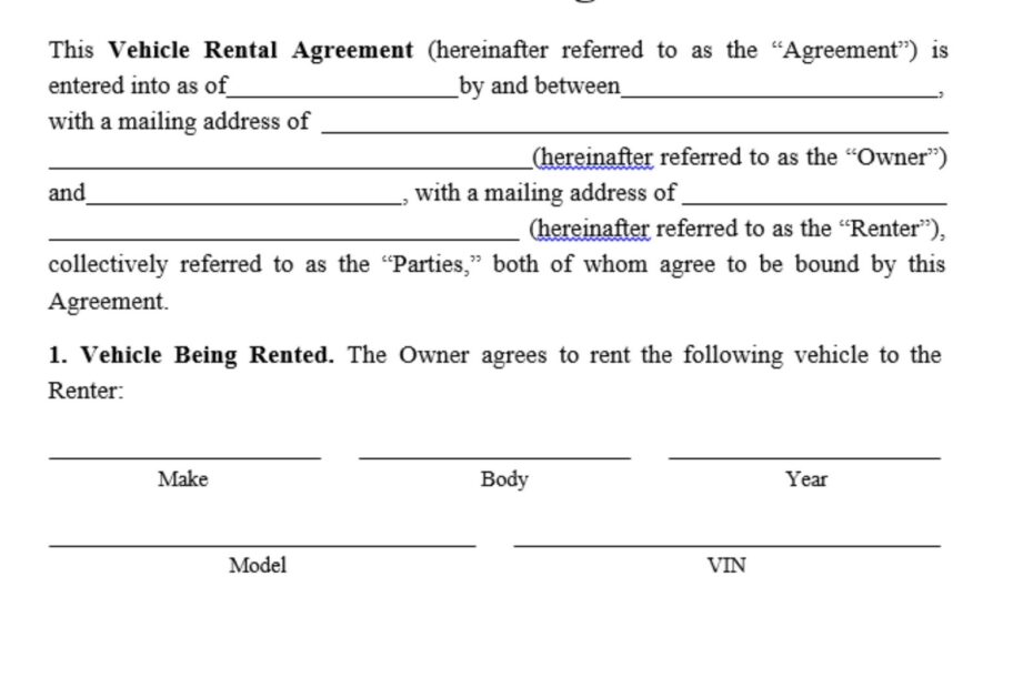 Blank Printable Car Rental Agreement Form Printable Forms Free Online