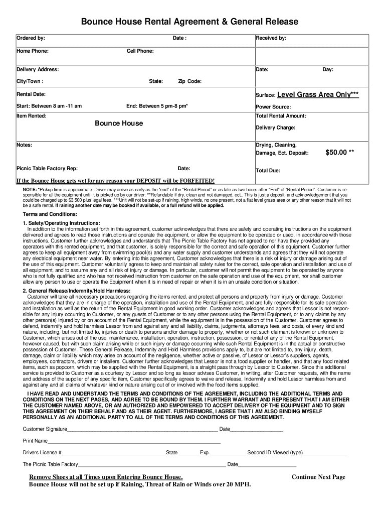 Bounce House Rental Agreement General Release Fill And Sign 