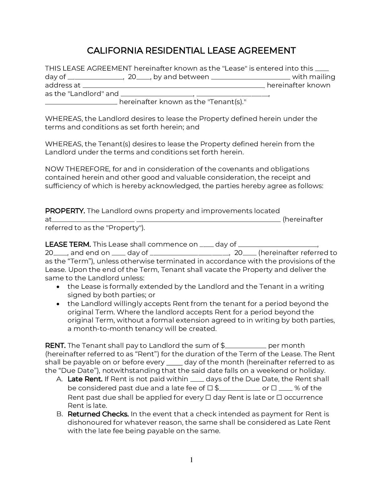 California Residential Lease Agreement 2021 PDF Word