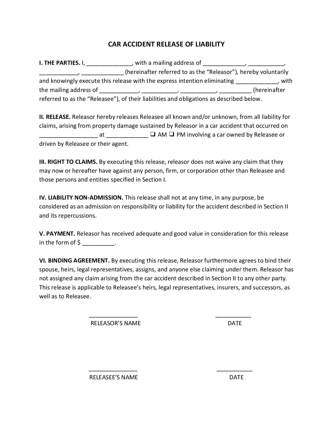Car Damage Payment Printable Car Accident Settlement Agreement Form 