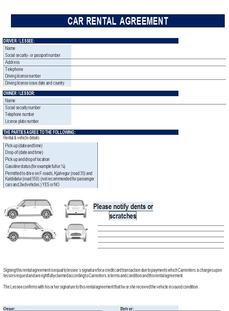 Car Rental Forms Agreement Templates Free Report Templates