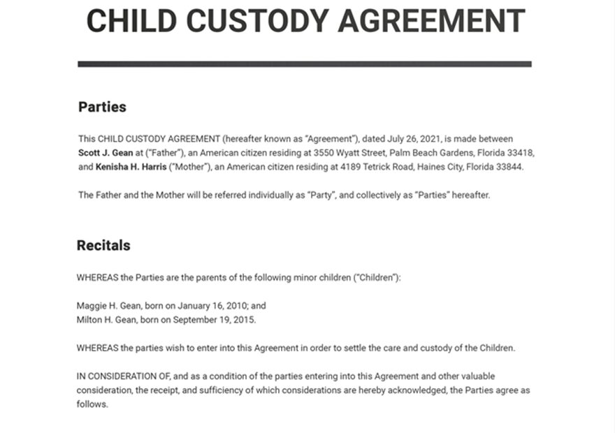 Child Custody Agreement Template Google Docs Word Apple Pages
