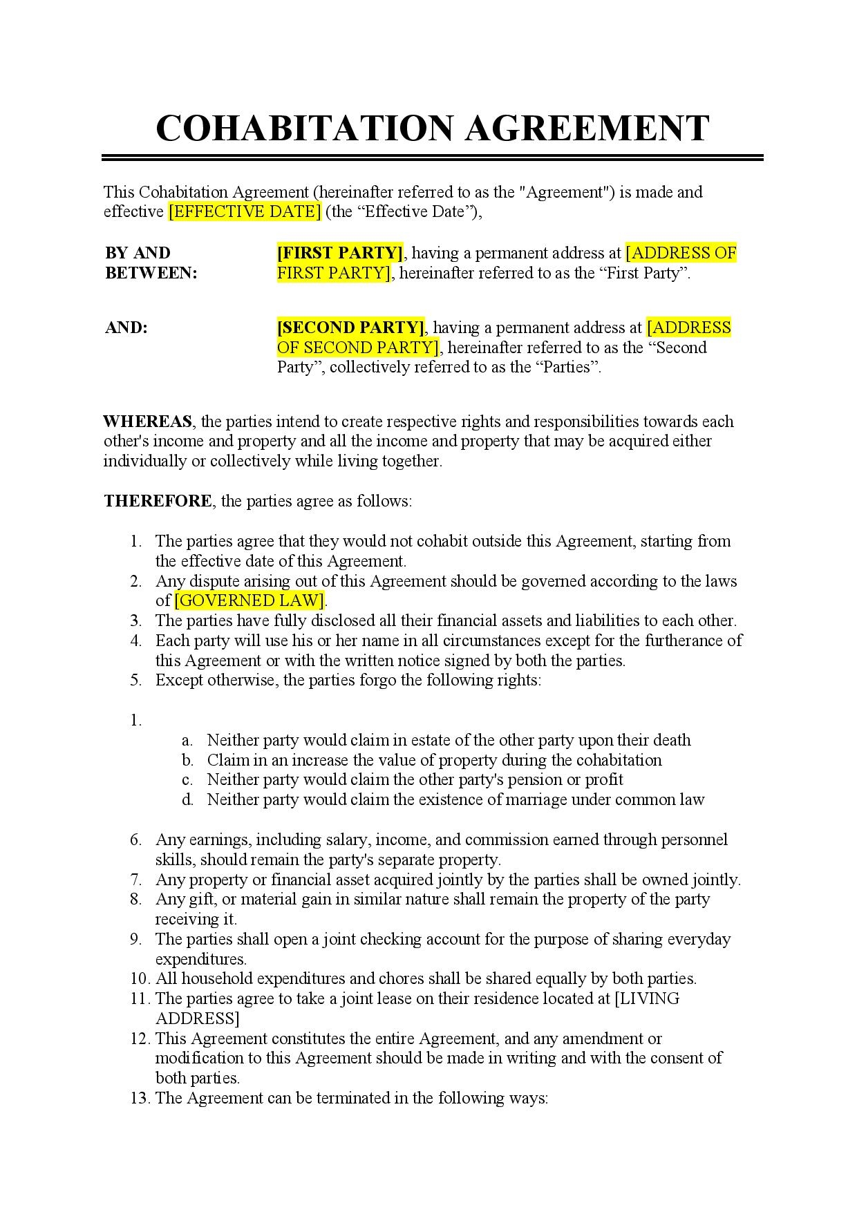 Cohabitation Agreement Template Free Download Easy Legal Docs