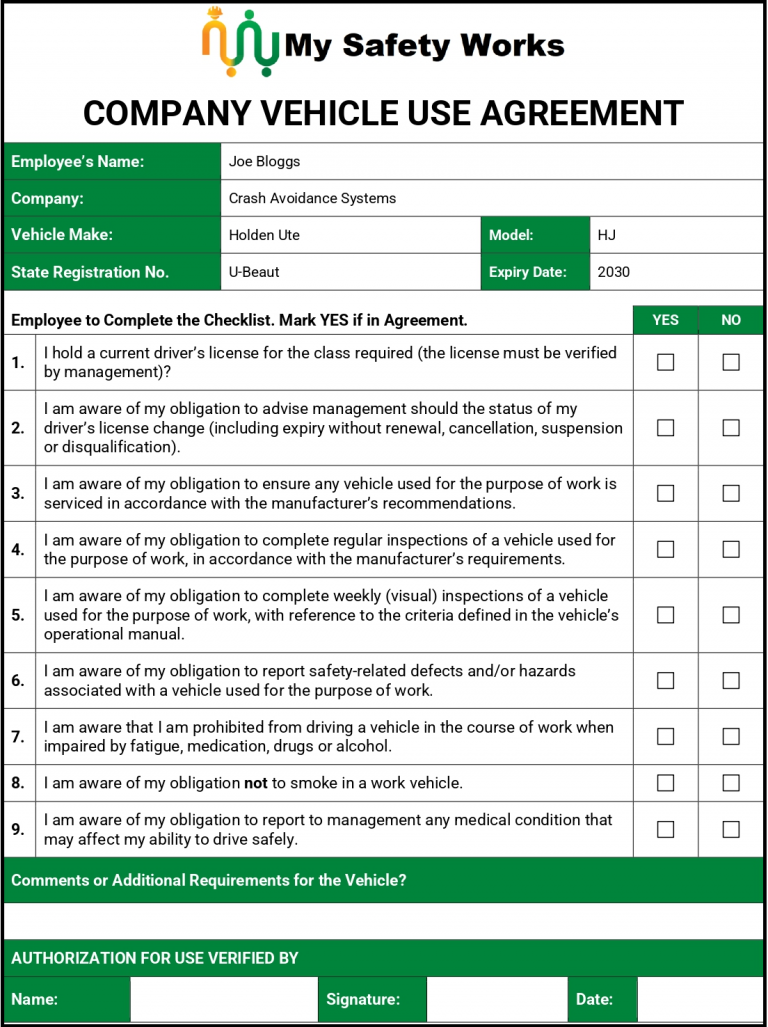Company Vehicle Use Agreement Form My Safety Works