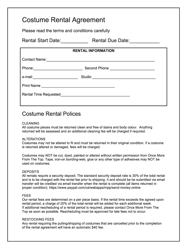 Costume Rental Agreement Fill Online Printable Fillable Blank 