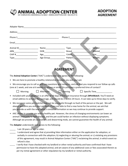 Dog Adoption Agreement Printable Blank Pet Adoption Forms