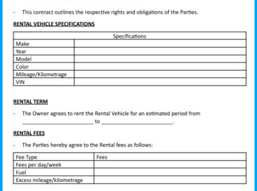 Downloadable Printable Car Rental Agreement Form Printable Forms Free