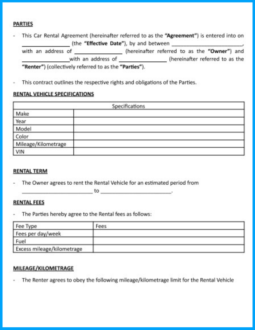 Downloadable Printable Car Rental Agreement Form Printable Forms Free 