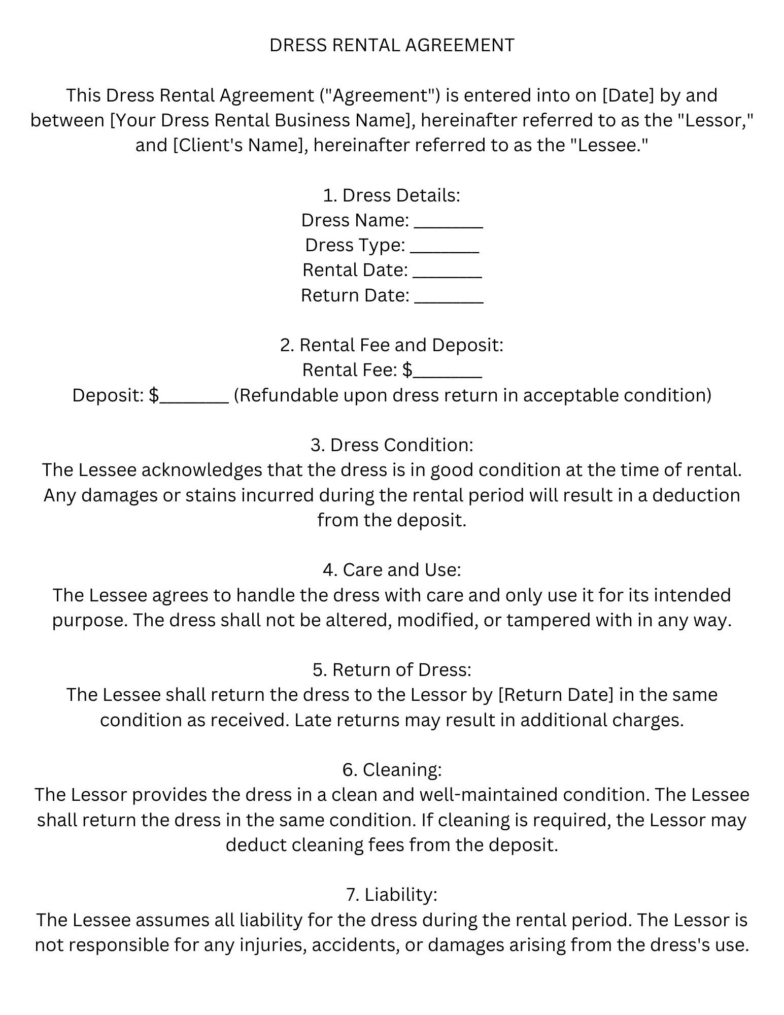 Dress Rental Agreement Template Digital Download PDF Etsy