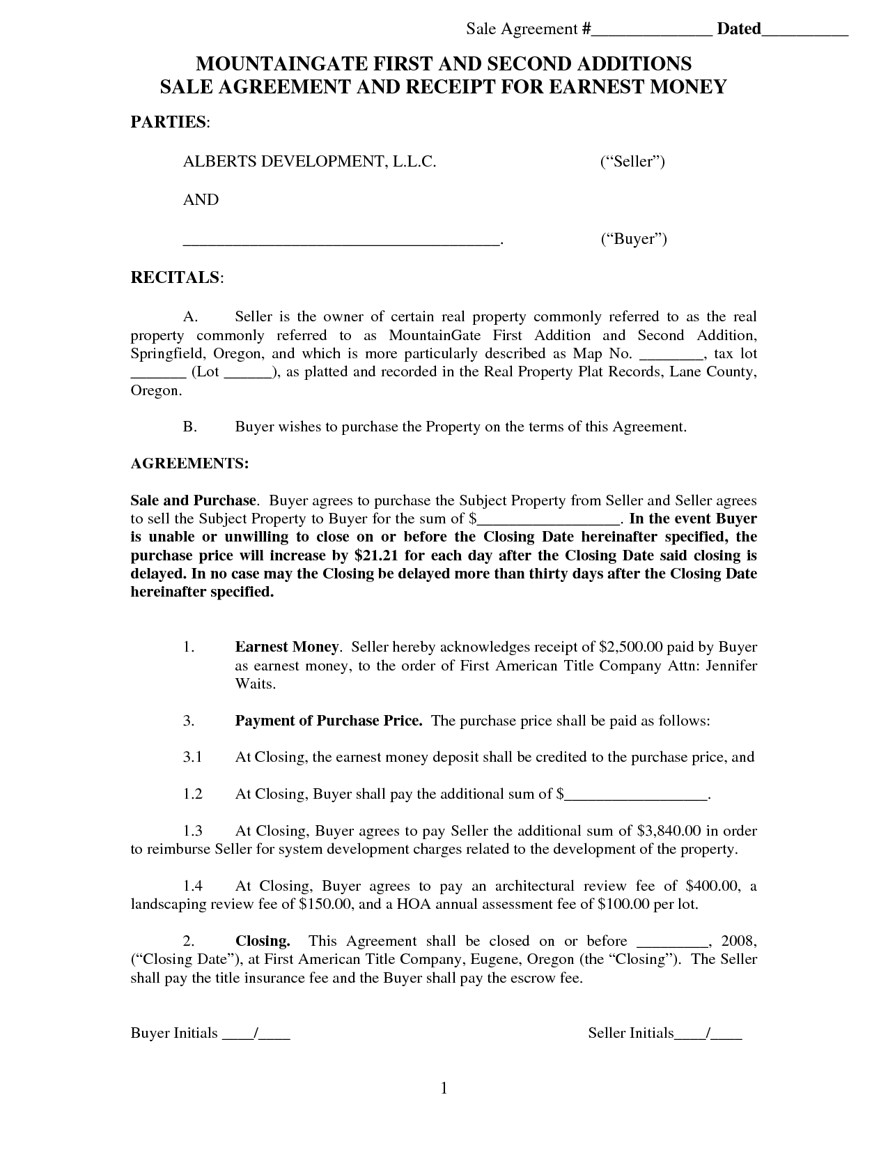 Earnest Money Agreement Form Template Free Printable Documents