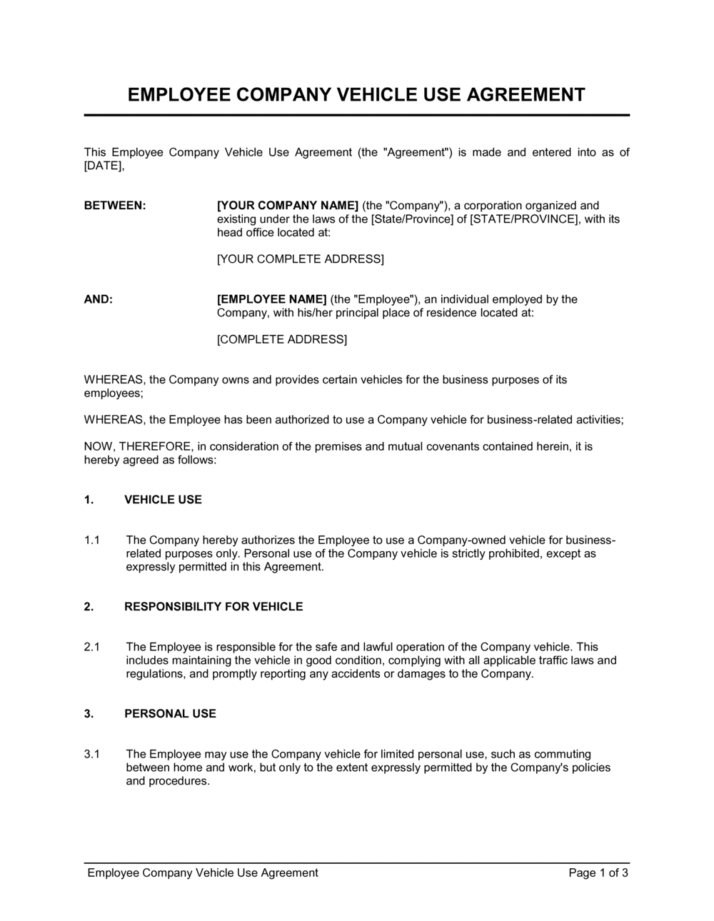 Employee Company Vehicle Use Agreement Template