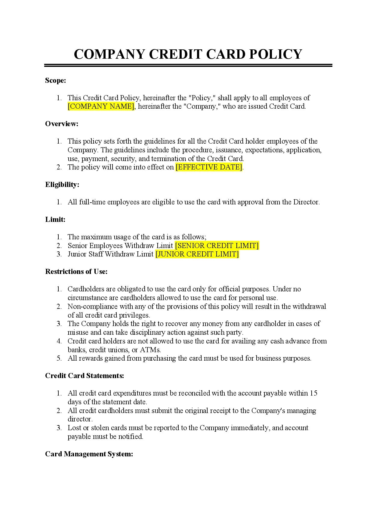 Employee Credit Card Agreement Template