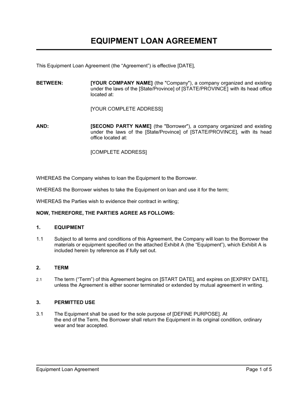 Equipment Loan Agreement Template