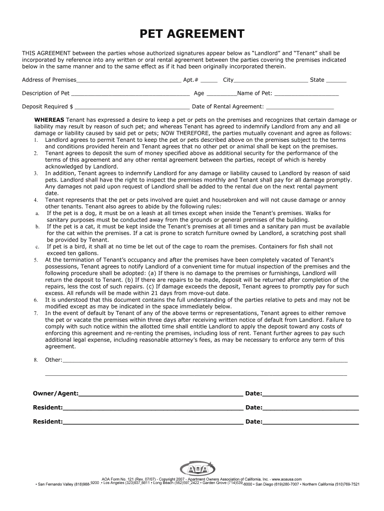 Fillable Online Pet Agreement Form Fax Email Print PdfFiller