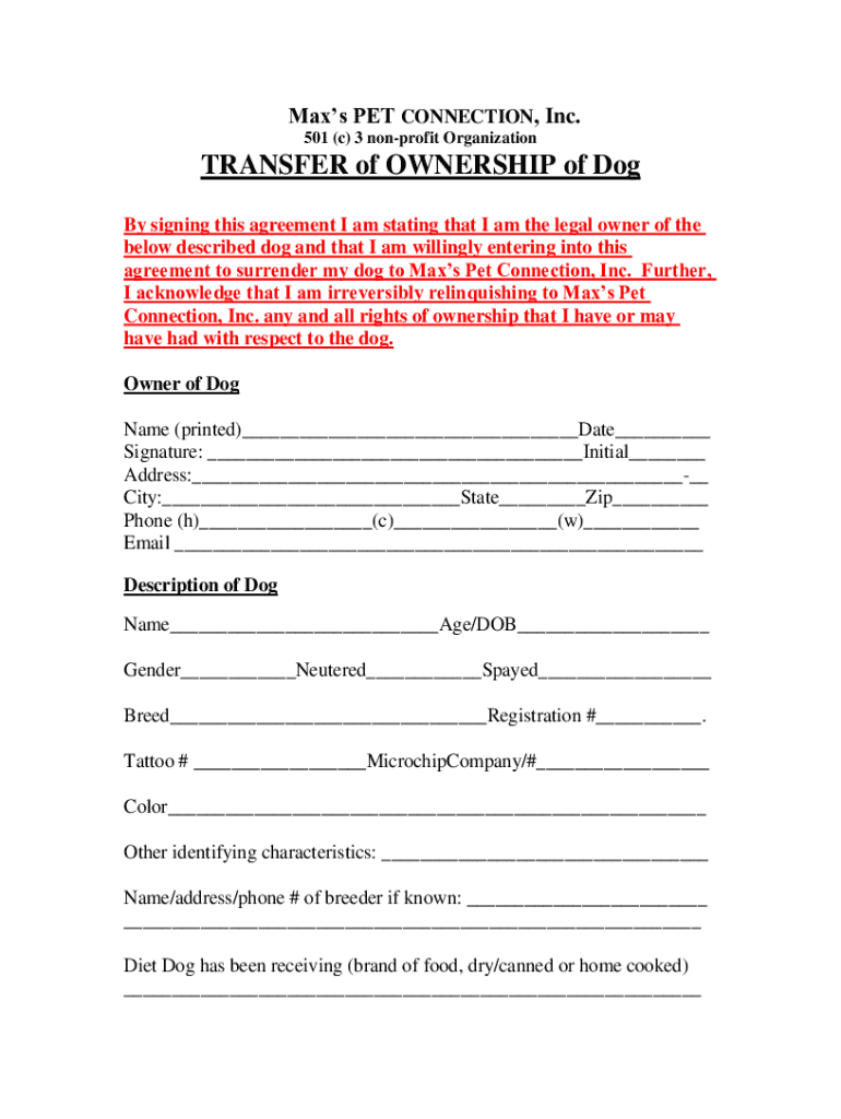 Fillable Online Transfer Of Ownership AgreementKC Pet Project Fax Email 