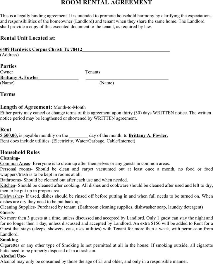 Fillable Shared Housing Room Rental Agreement Template Printable Pdf 
