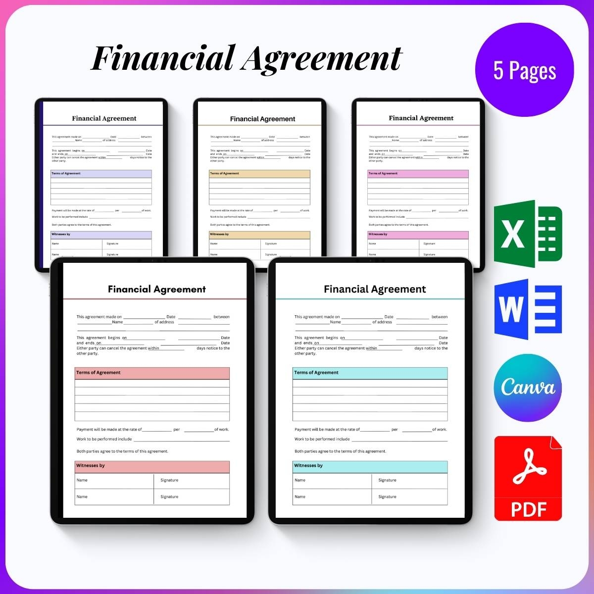 Financial Agreement Template Printable PDF Word Excel 