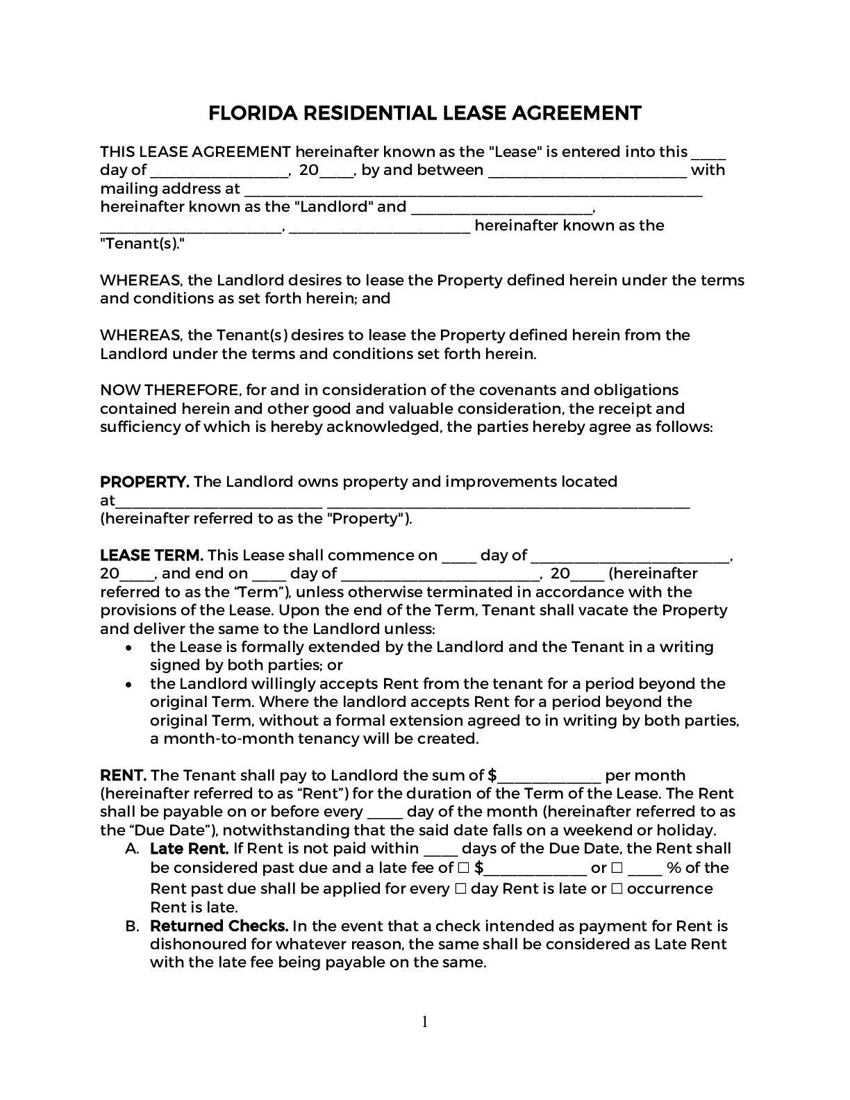 Florida Residential Lease Agreement 2021 PDF Word