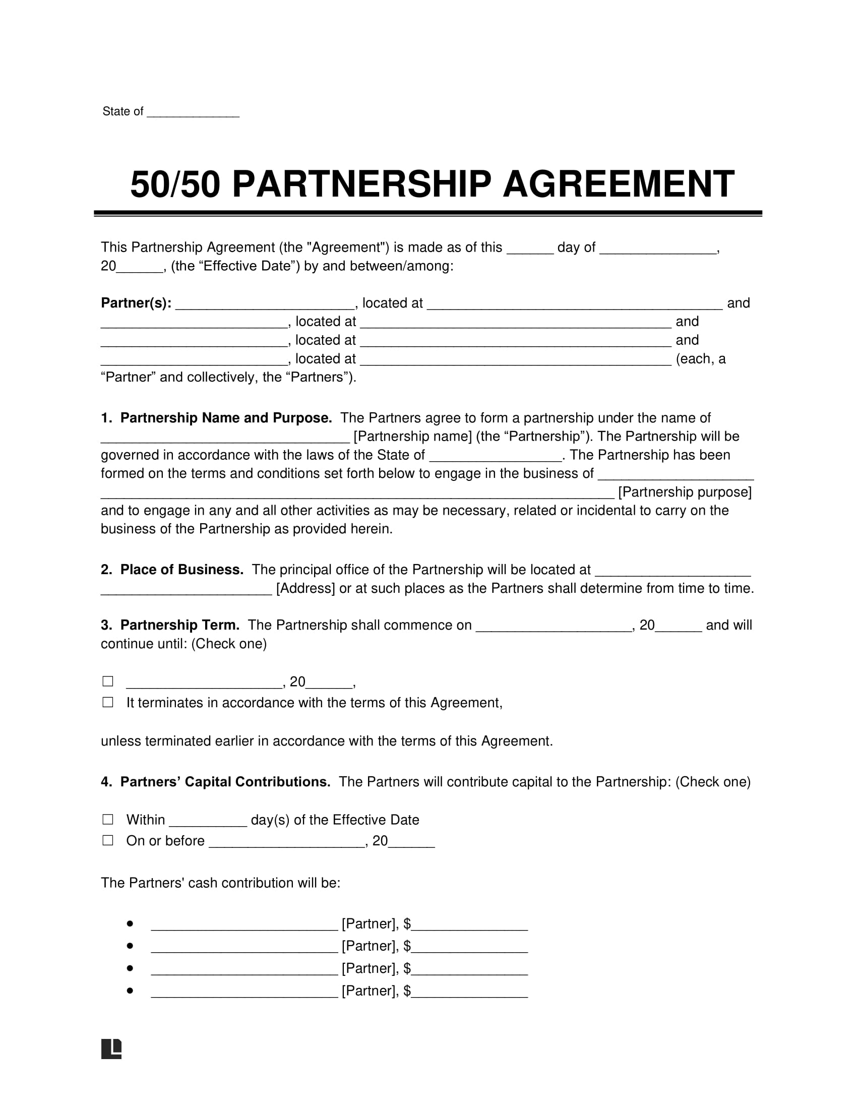 Free 50 50 Partnership Agreement Template PDF Word