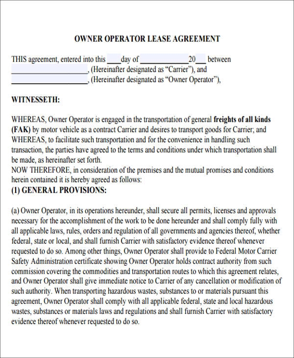 FREE 6 Owner Operator Lease Agreement Samples In MS Word Google Docs 