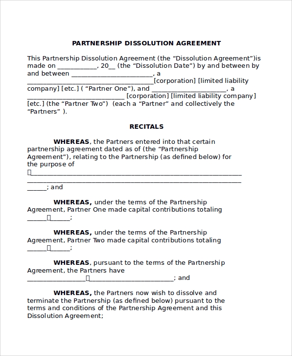 FREE 7 Sample Partnership Dissolution Agreement Templates In PDF MS Word