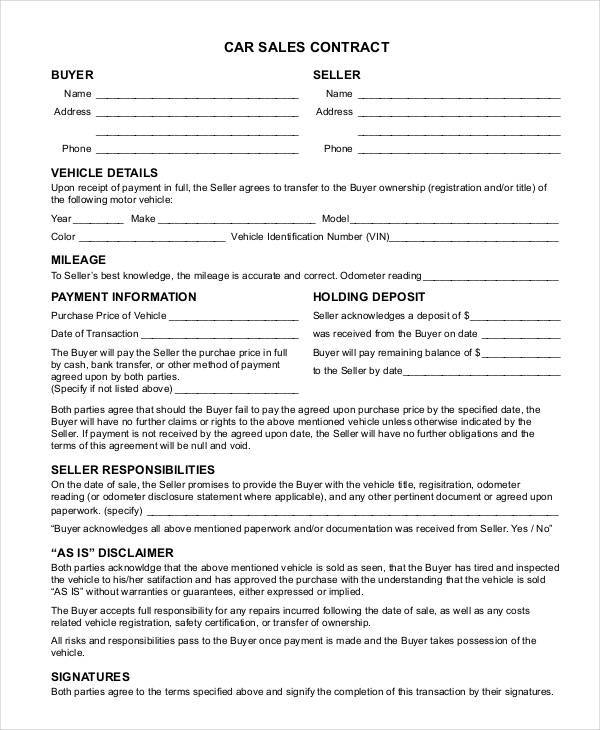 FREE 8 Car Sales Contract Samples Templates In PDF MS Word