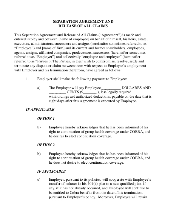 FREE 8 Sample Employment Separation Agreement Templates In PDF MS 