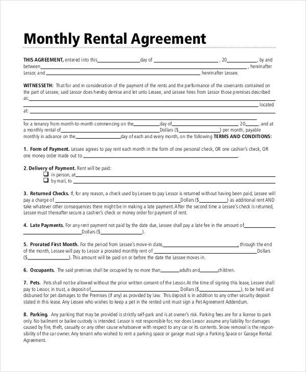 FREE 8 Sample Month To Month Rental Agreement Forms In PDF MS Word