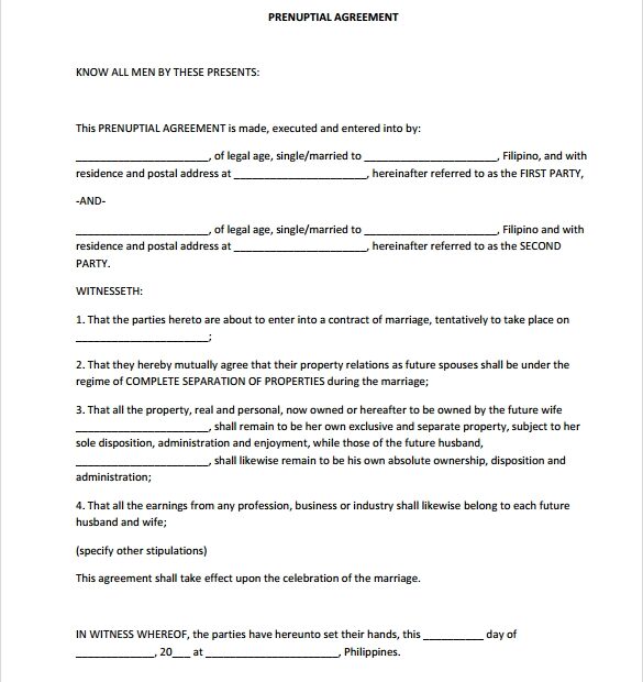 FREE 9 Sample Prenuptial Agreement Templates In PDF MS Word