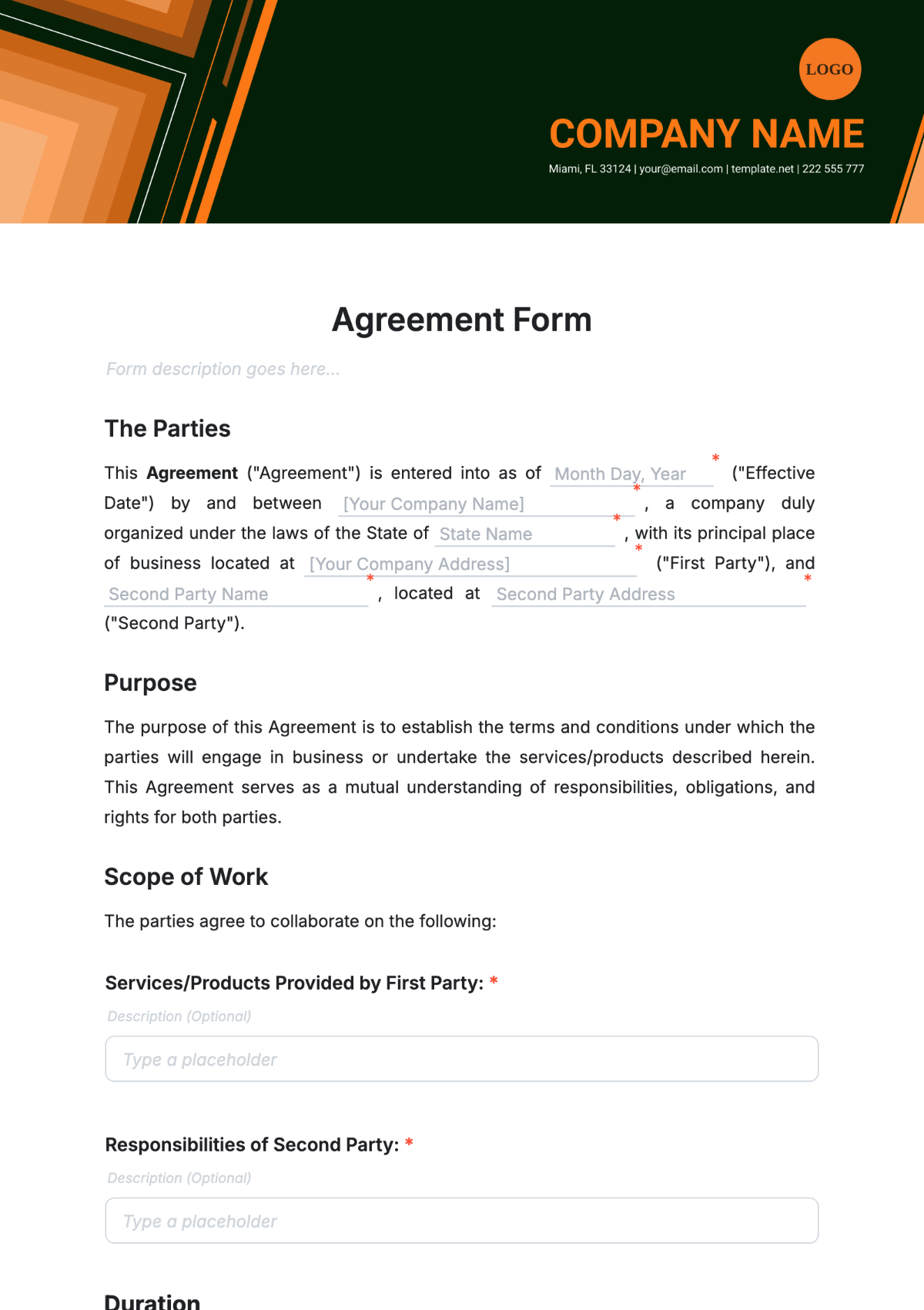 Free Agreement Form Template To Edit Online