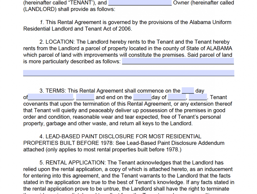 Free Alabama Rental Lease Agreement Templates PDF Word